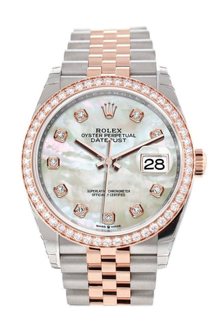 Custom Diamond Bezel Rolex Datejust 36 White Mother-Of-Pearl Set With Diamonds Dial Rose Gold Two