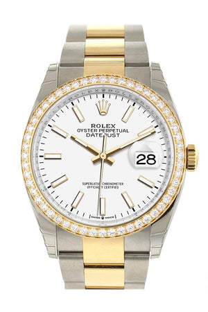 Custom Diamond Bezel Rolex Datejust 36 White Dial Oyster Yellow Gold Two Tone Watch 126203