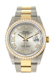 Custom Diamond Bezel Rolex Datejust 36 Silver Set with Diamonds Dial Oyster Yellow Gold Two Tone Watch 126203