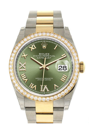 Custom Diamond Bezel Rolex Datejust 36 Olive Green Set With Diamonds Dial Oyster Yellow Gold Two