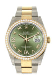Custom Diamond Bezel Rolex Datejust 36 Olive Green Set with Diamonds Dial Oyster Yellow Gold Two Tone Watch 126203