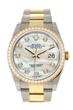 Custom Diamond Bezel Rolex Datejust 36 White Mother-Of-Pearl Set With Diamonds Dial Oyster Yellow