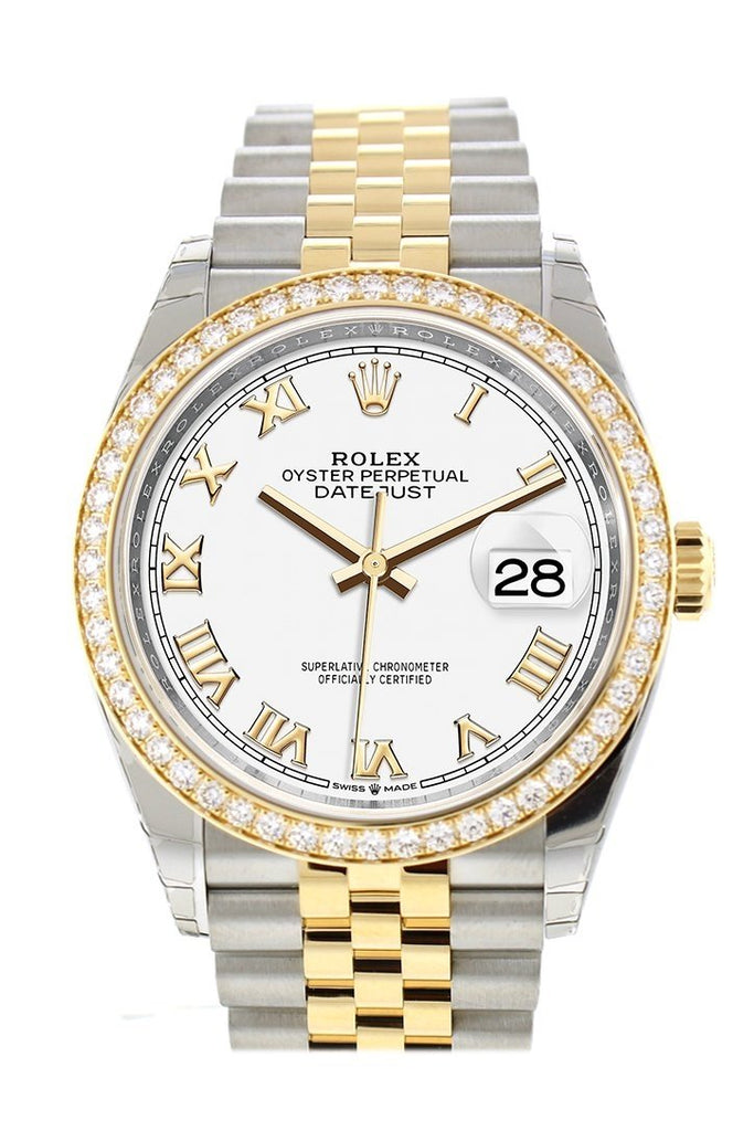 Custom Diamond Bezel Rolex Datejust 36 White Roman Dial Jubilee Yellow Gold Two Tone Watch 126203