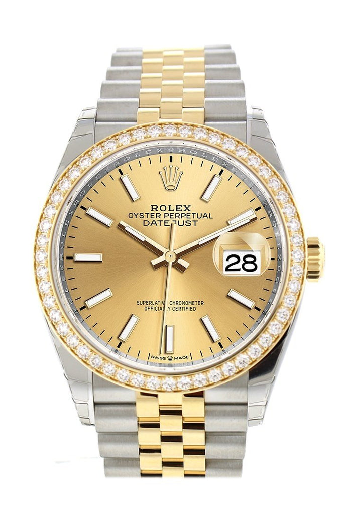 Custom Diamond Bezel Rolex Datejust 36 Champagne-Colour Dial Jubilee Yellow Gold Two Tone Watch