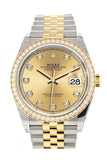 Custom Diamond Bezel Rolex Datejust 36 Champagne-Colour Set with Diamonds Dial Jubilee Yellow Gold Two Tone Watch 126203
