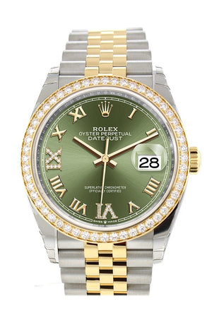 Custom Diamond Bezel Rolex Datejust 36 Olive Green Set With Diamonds Dial Jubilee Yellow Gold Two
