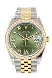 Custom Diamond Bezel Rolex Datejust 36 Olive Green Set with Diamonds Dial Jubilee Yellow Gold Two Tone Watch 126203
