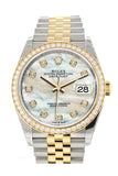 Custom Diamond Bezel Rolex Datejust 36 White Mother-of-Pearl Set with Diamonds Dial Jubilee Yellow Gold Two Tone Watch