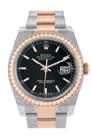 Custom Diamond Bezel Rolex Datejust 36 Black Dial Oyster Rose Gold Two Tone Watch 116201 116231