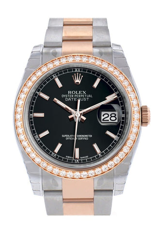 Custom Diamond Bezel Rolex Datejust 36 Black Dial Oyster Rose Gold Two Tone Watch 116201 116231
