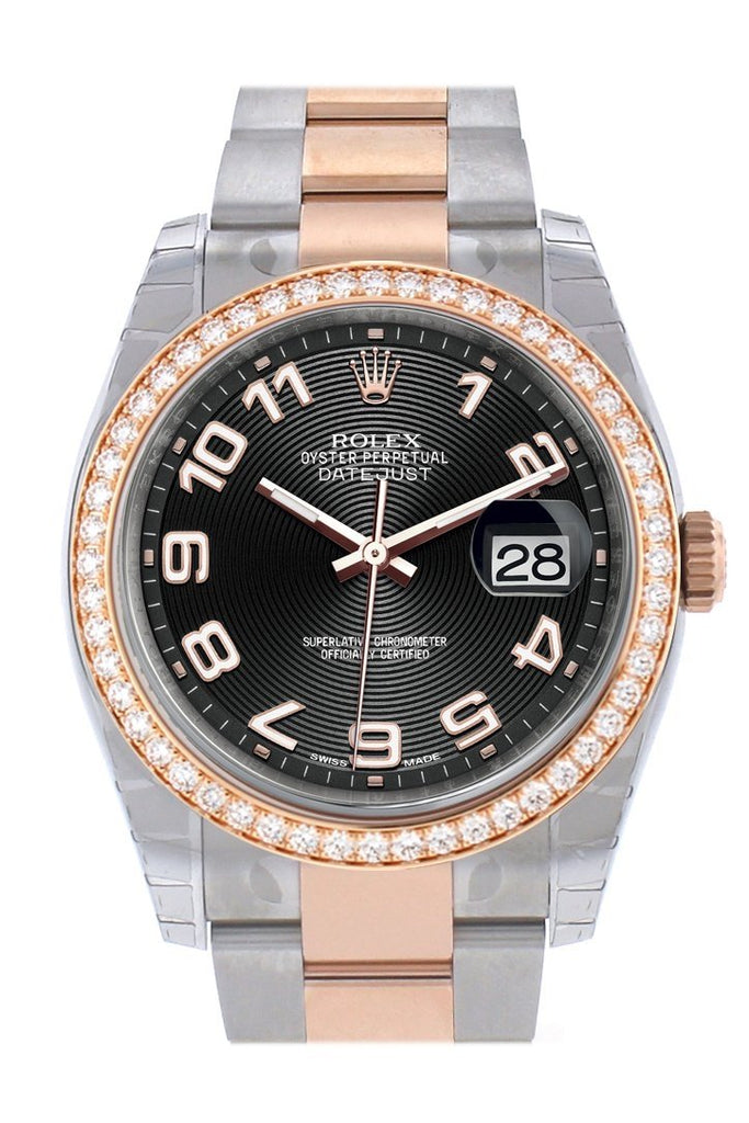Custom Diamond Bezel Rolex Datejust 36 Black Arab Dial Oyster Rose Gold Two Tone Watch 116201 116231