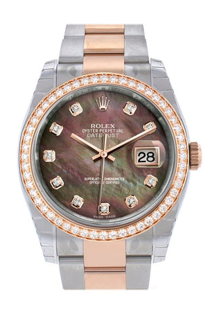 Custom Diamond Bezel Rolex Datejust 36 Black Mother-Of-Pearl Set With Diamonds Dial Rose Gold Two