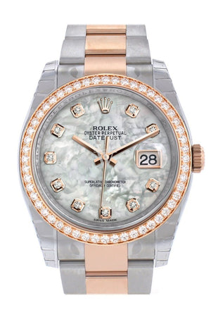 Custom Diamond Bezel Rolex Datejust 36 White Mother-Of-Pearl Set With Diamonds Rose Gold Two Tone