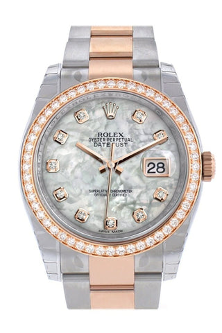 Custom Diamond Bezel Rolex Datejust 36 White Mother-Of-Pearl Set With Diamonds Rose Gold Two Tone