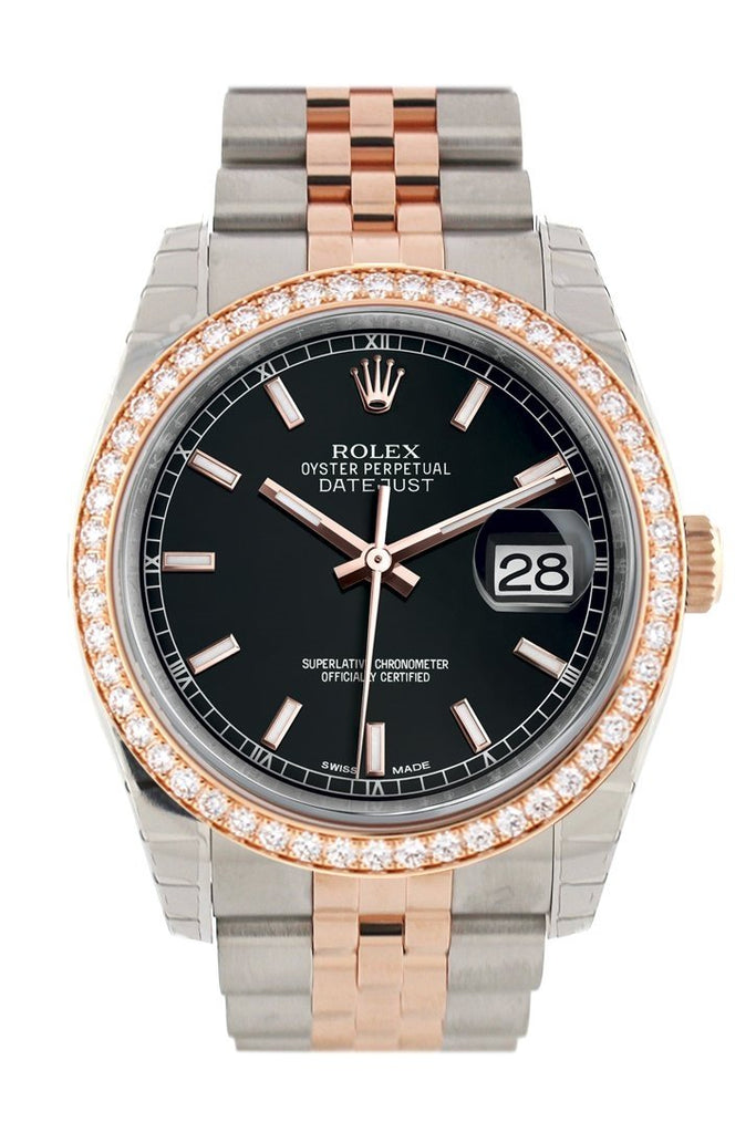 Custom Diamond Bezel Rolex Datejust 36 Black Dial Rose Gold Two Tone Watch 116201 116231