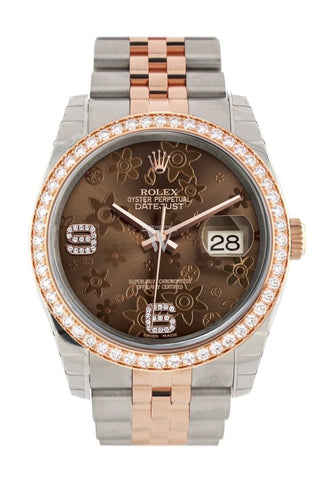 Custom Diamond Bezel Rolex Datejust 36 Chocolate Floral Motif Dial Jubilee Rose Gold Two Tone Watch