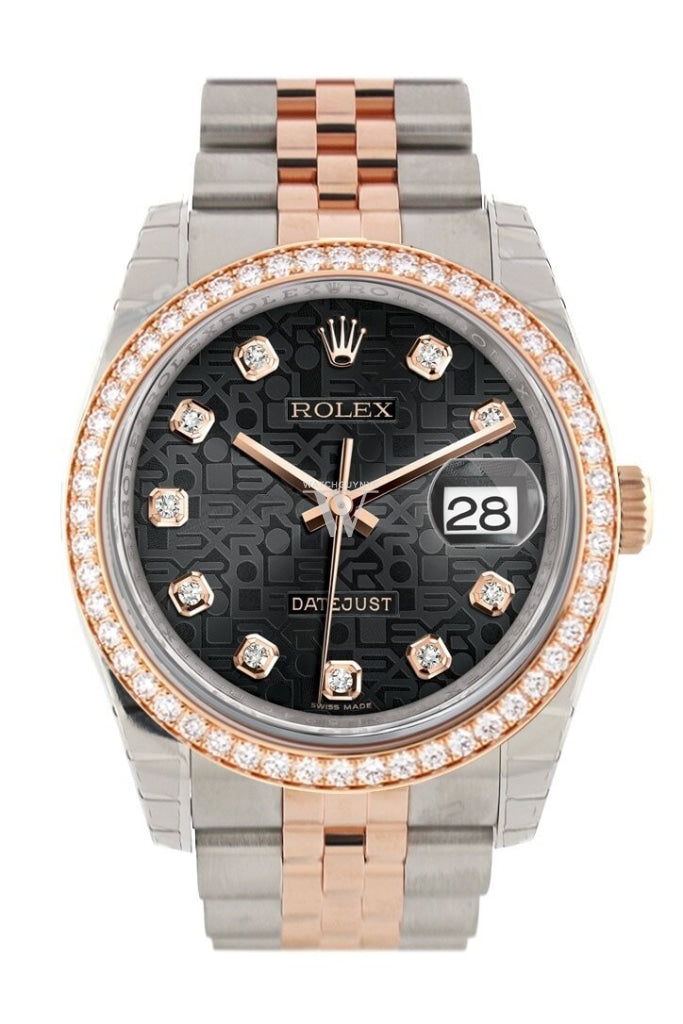 Custom Diamond Bezel Rolex Datejust 36 Black Jubilee Design Set With Diamonds Dial Rose Gold Two