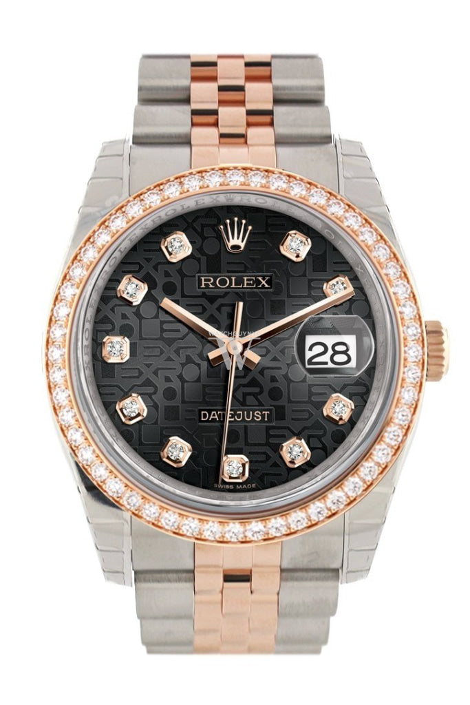 Custom Diamond Bezel Rolex Datejust 36 Black Jubilee Design Set With Diamonds Dial Rose Gold Two
