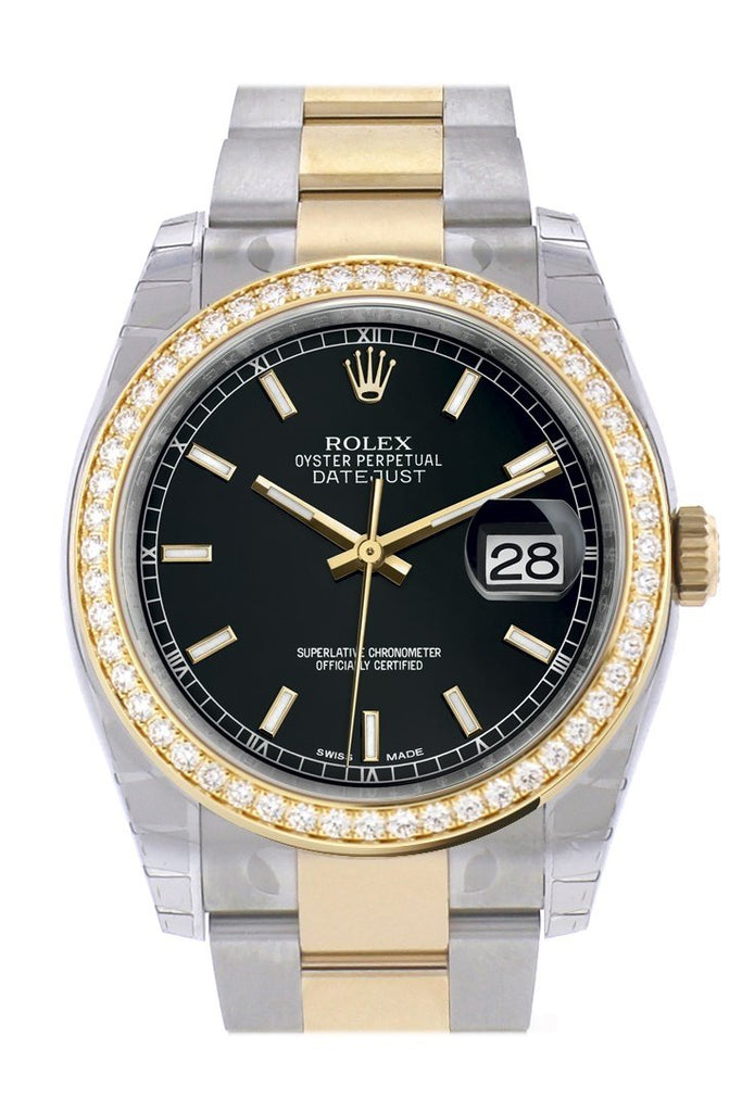 Custom Diamond Bezel Rolex Datejust 36 Black Dial Yellow Gold Two Tone Watch 116203 116233