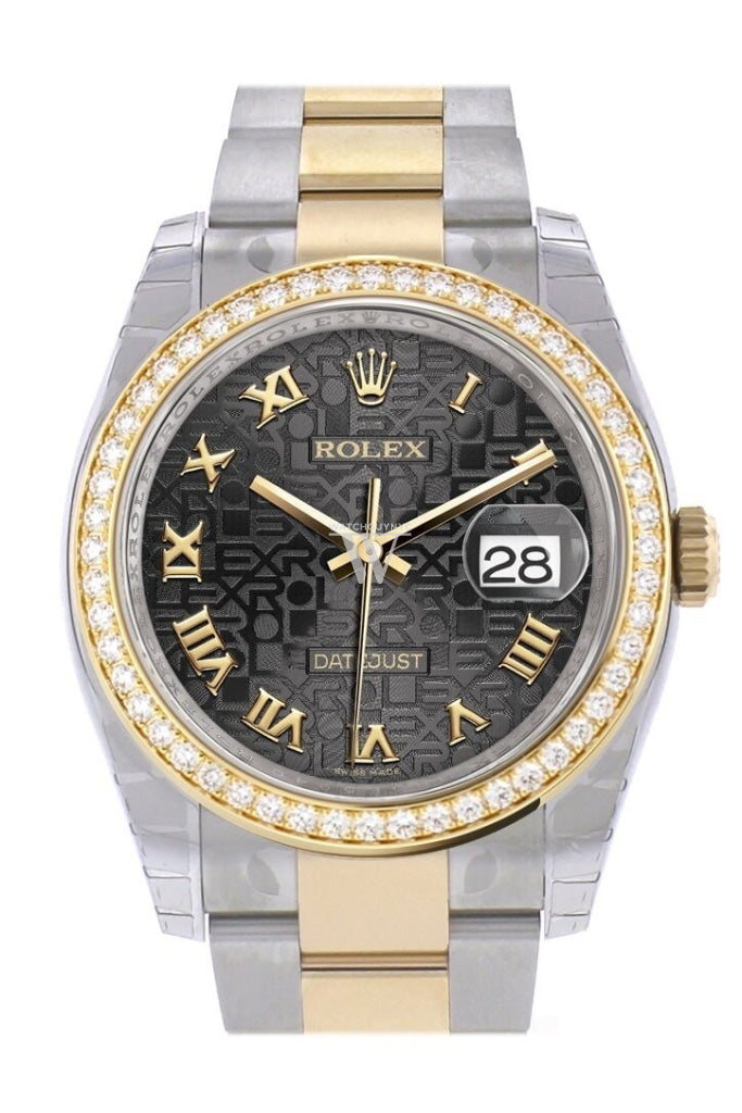 Custom Diamond Bezel Rolex Datejust 36 Black Jubile Roman Dial Oyster Yellow Gold Two Tone Watch