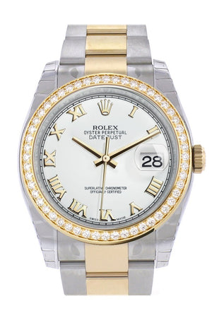 Custom Diamond Bezel Rolex Datejust 36 White Roman Dial Oyster Yellow Gold Two Tone Watch 116203