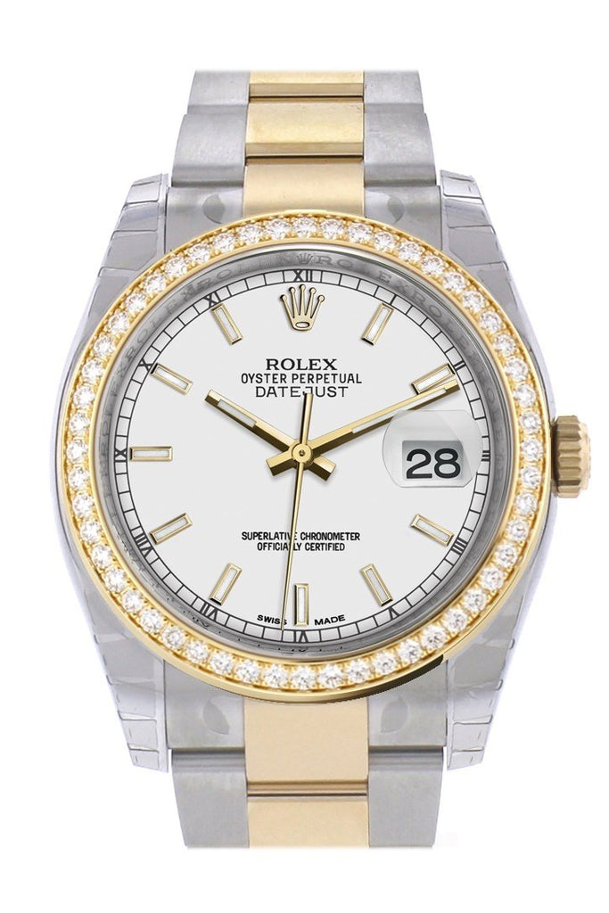 Custom Diamond Bezel Rolex Datejust 36 White Dial Oyster Yellow Gold Two Tone Watch 116203