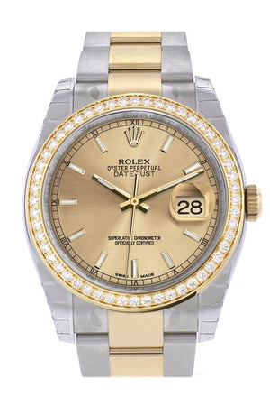 Custom Diamond Bezel Rolex Datejust 36 Champagne Dial Oyster Yellow Gold Two Tone Watch 116203