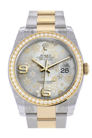 Custom Diamond Bezel Rolex Datejust 36 Silver Floral Motif Arab Dial Oyster Yellow Gold Two Tone