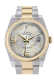 Custom Diamond Bezel Rolex Datejust 36 Silver floral motif Arab Dial Oyster Yellow Gold Two Tone Watch 116203 116233