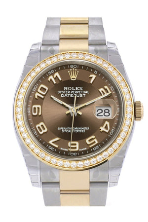 Custom Diamond Bezel Rolex Datejust 36 Bronze Arab Dial Oyster Yellow Gold Two Tone Watch 116203