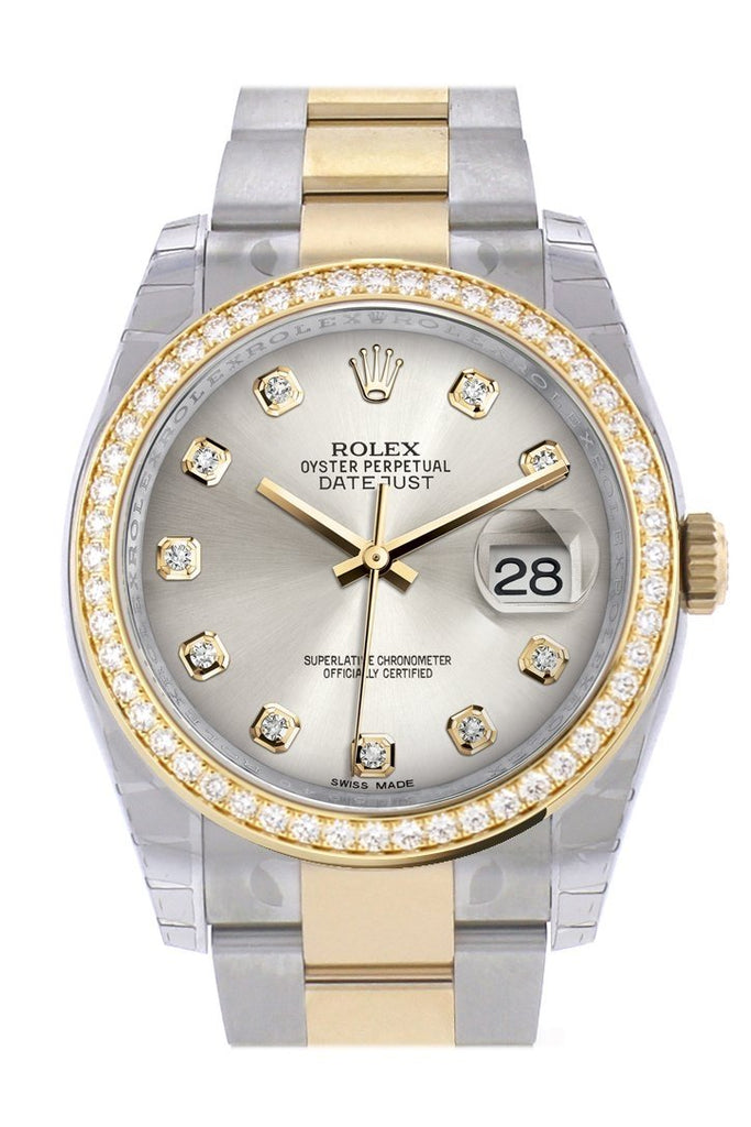 Custom Diamond Bezel Rolex Datejust 36 Silver Set With Diamonds Dial Oyster Yellow Gold Two Tone