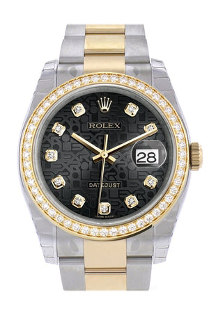 Custom Diamond Bezel Rolex Datejust 36 Black Jubilee Set With Diamonds Dial Oyster Yellow Gold Two