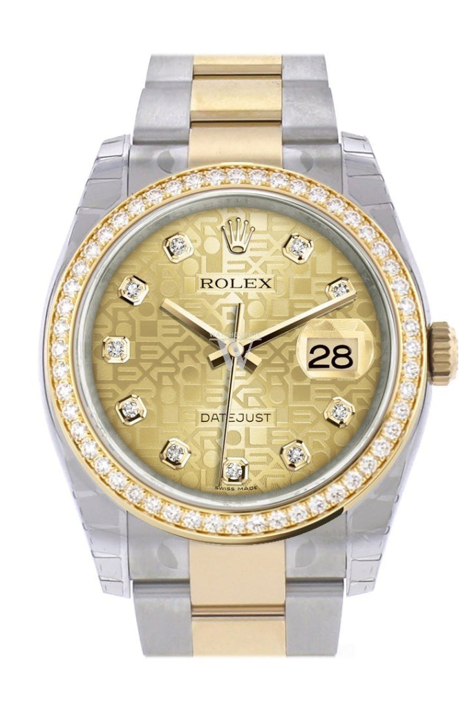 Custom Diamond Bezel Rolex Datejust 36 Champagne Jubilee Dial Oyster Yellow Gold Two Tone Watch