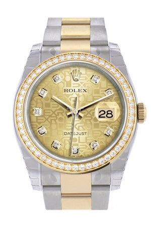 Custom Diamond Bezel Rolex Datejust 36 Champagne Jubilee Dial Oyster Yellow Gold Two Tone Watch