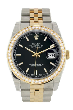 Custom Diamond Bezel Rolex Datejust 36 Black Dial Jubilee Yellow Gold Two Tone Watch 116203