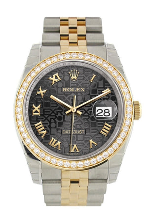Custom Diamond Bezel Rolex Datejust 36 Black Jubile Roman Dial Jubilee Yellow Gold Two Tone Watch