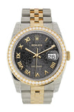 Custom Diamond Bezel Rolex Datejust 36 Black Jubile Roman Dial Jubilee Yellow Gold Two Tone Watch 116203