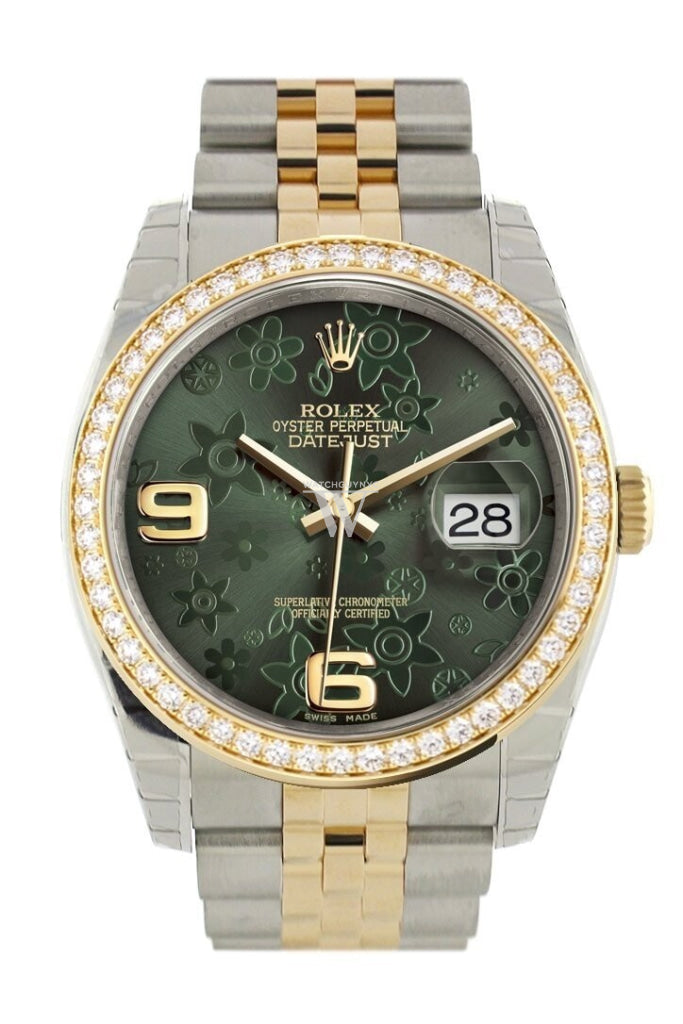 Custom Diamond Bezel Rolex Datejust 36 Green Floral Motif Arab Dial Jubilee Yellow Gold Two Tone