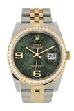 Custom Diamond Bezel Rolex Datejust 36 Green floral motif Arab Dial Jubilee Yellow Gold Two Tone Watch 116203