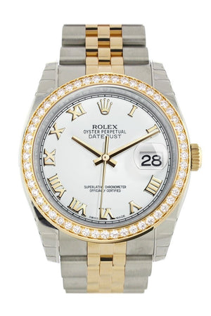 Custom Diamond Bezel Rolex Datejust 36 White Roman Dial Jubilee Yellow Gold Two Tone Watch 116203