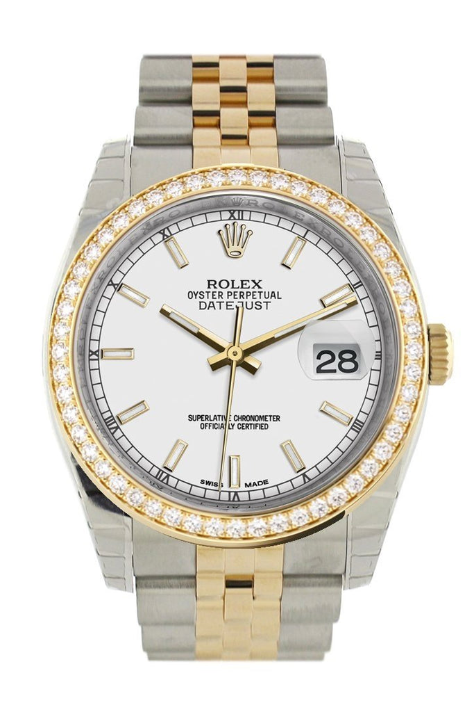 Custom Diamond Bezel Rolex Datejust 36 White Dial Jubilee Yellow Gold Two Tone Watch 116203 116233
