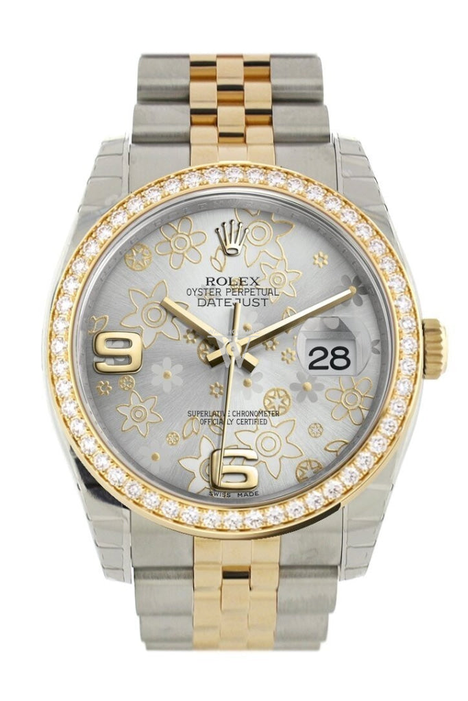 Custom Diamond Bezel Rolex Datejust 36 Silver Floral Motif Arab Dial Jubilee Yellow Gold Two Tone