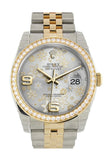 Custom Diamond Bezel Rolex Datejust 36 Silver floral motif Arab Dial Jubilee Yellow Gold Two Tone Watch 116203 116233