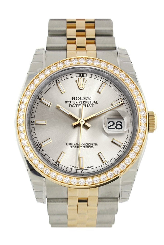 Custom Diamond Bezel Rolex Datejust 36 Silver Dial Jubilee Yellow Gold Two Tone Watch 116203