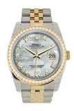 Custom Diamond Bezel Rolex Datejust 36 White mother-of-pearl Roman Dial Jubilee Yellow Gold Two Tone Watch 116203 116233