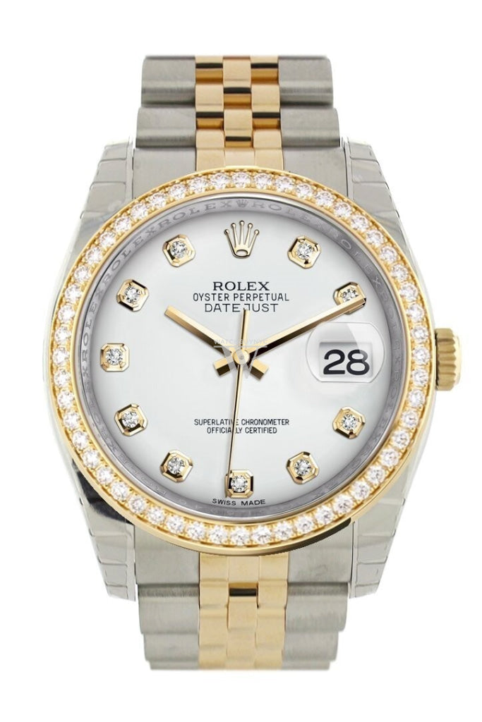 Custom Diamond Bezel Rolex Datejust 36 White Set Diamonds Dialjubileeyellow Gold Two Tone Watch