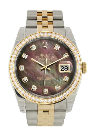Custom Diamond Bezel Rolex Datejust 36 Black Mother-Of-Pearl Set With Diamonds Dial Jubileeyellow