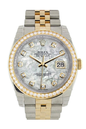 Custom Diamond Bezel Rolex Datejust 36 White Mother-Of-Pearl Set With Diamonds Dial Jubilee Yellow