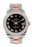Custom Diamond Bezel Rolex Datejust 31 Black Roman Dial 18K Rose Gold Two Tone Ladies Watch 178241