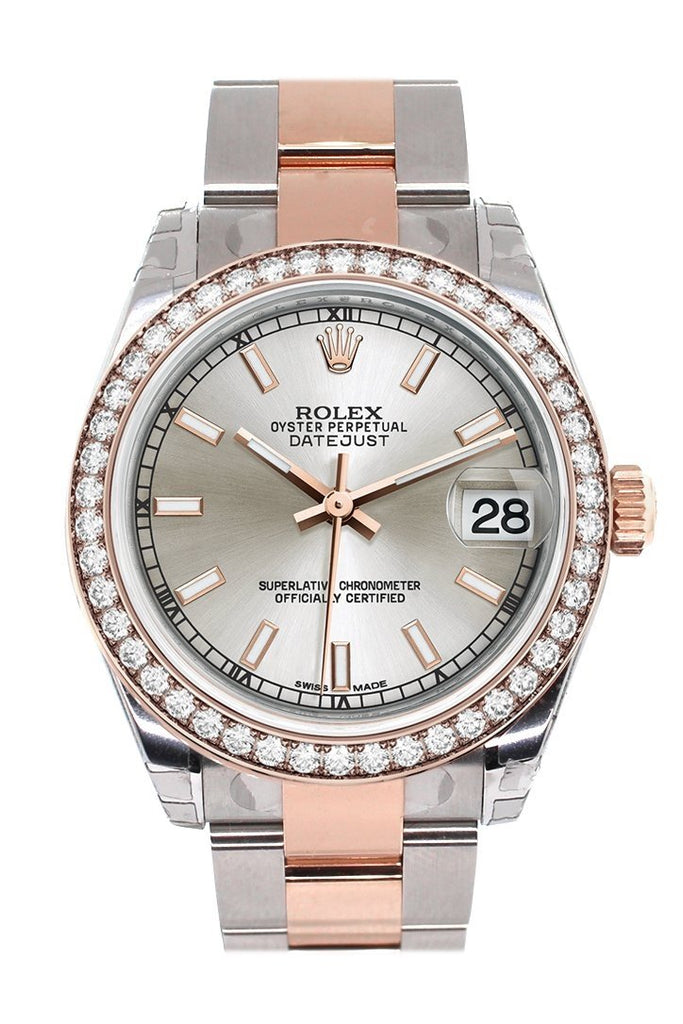 Custom Diamond Bezel Rolex Datejust 31 Silver Dial 18K Rose Gold Two Tone Ladies Watch 178241